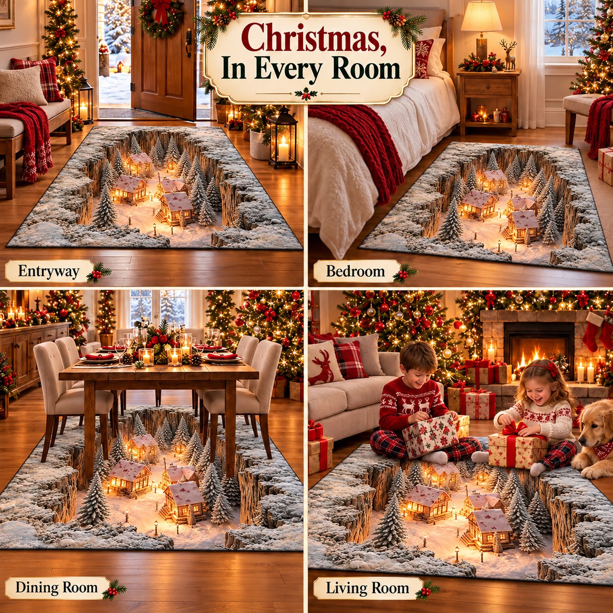 Christmas village rug styled in different rooms