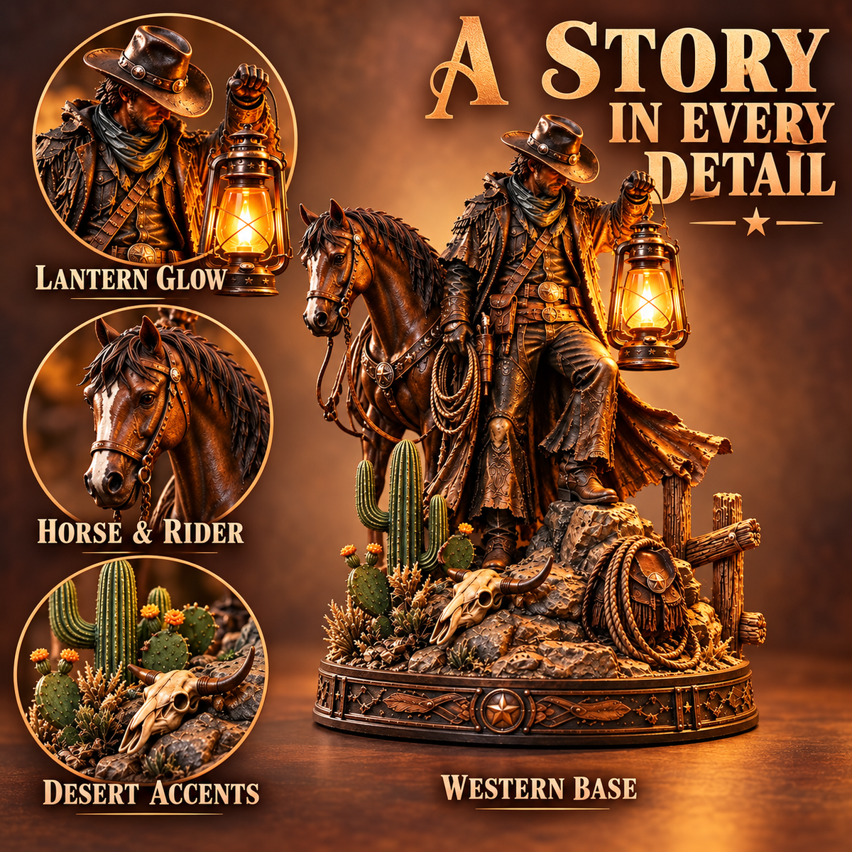 🐎🔥 Trailblazer Glow™ | Western Rider & Horse Lighted Statue