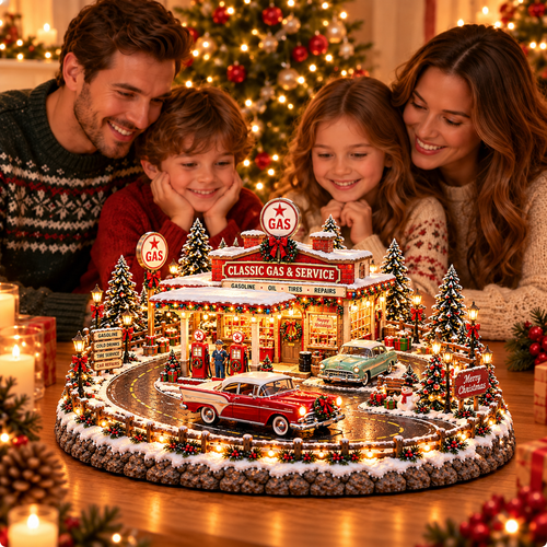 🚗🎄⛽ Christmas at the Gas Station– Lighted Vintage American Gas Station with Classic Cars