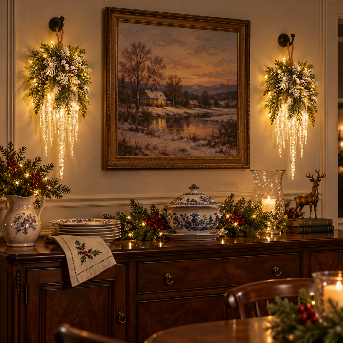 🌲❄️ Frosted Evergreen Icicle Swag – Warm LED Holiday Decor