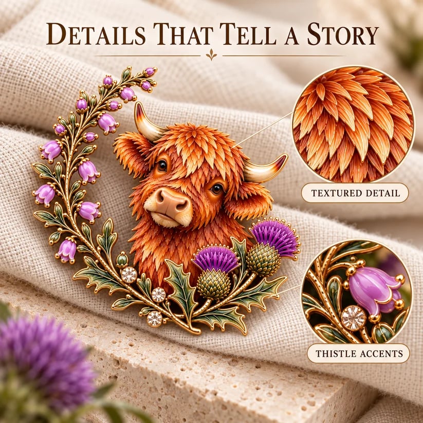 🏴🐮 Highland Heart™ | Scottish Cow, Thistle & Heather Heritage Brooch