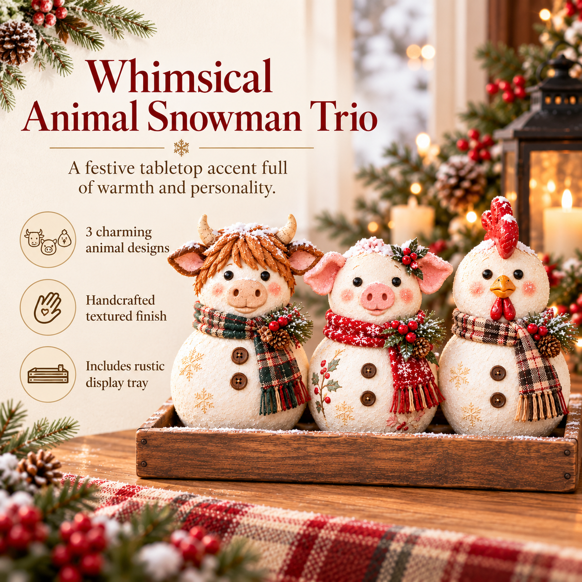 🐮🐷🐔 Snowy Barnyard Trio | Rustic Christmas Farm Decor 🎄