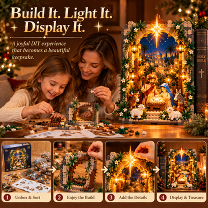 50% OFF | 📖✨ Lighted Bethlehem Nativity Book Nook – Christmas Building Block Display of Faith 🎄