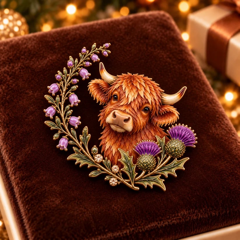 🏴🐮 Highland Heart™ | Scottish Cow, Thistle & Heather Heritage Brooch
