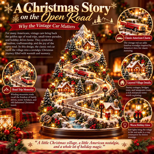 🚗🏔️ Mountain Christmas Village – Lighted Tree with Moving Vintage Car