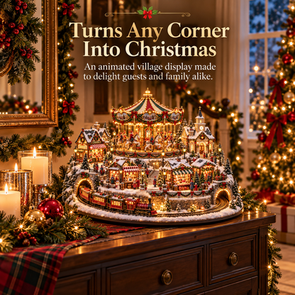 🎠✨ Christmas Market Carousel Village | Animated Lighted Holiday Train & Village Centerpiece