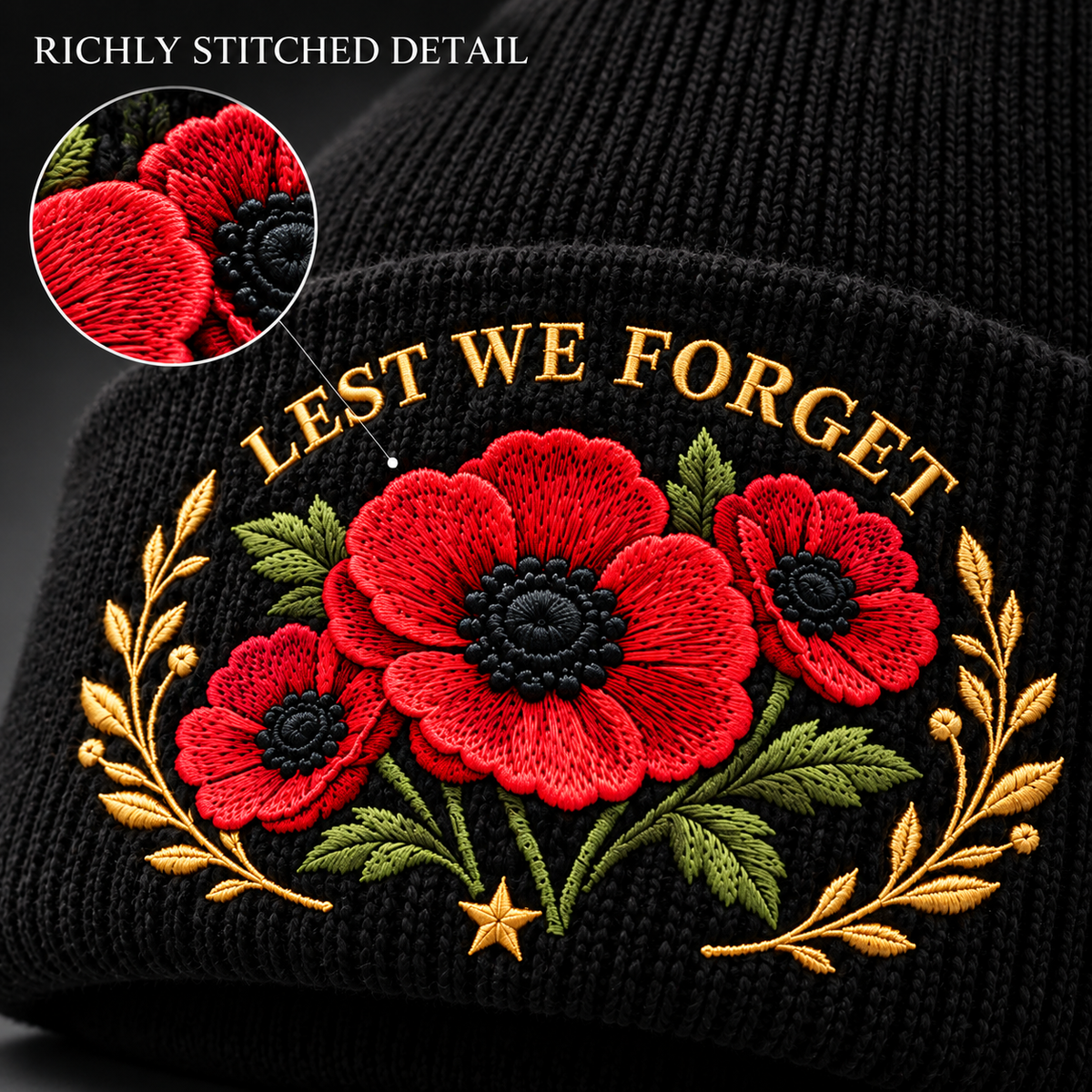 🎖️ Lest We Forget Poppy™ | Memorial Embroidered Knit Beanie