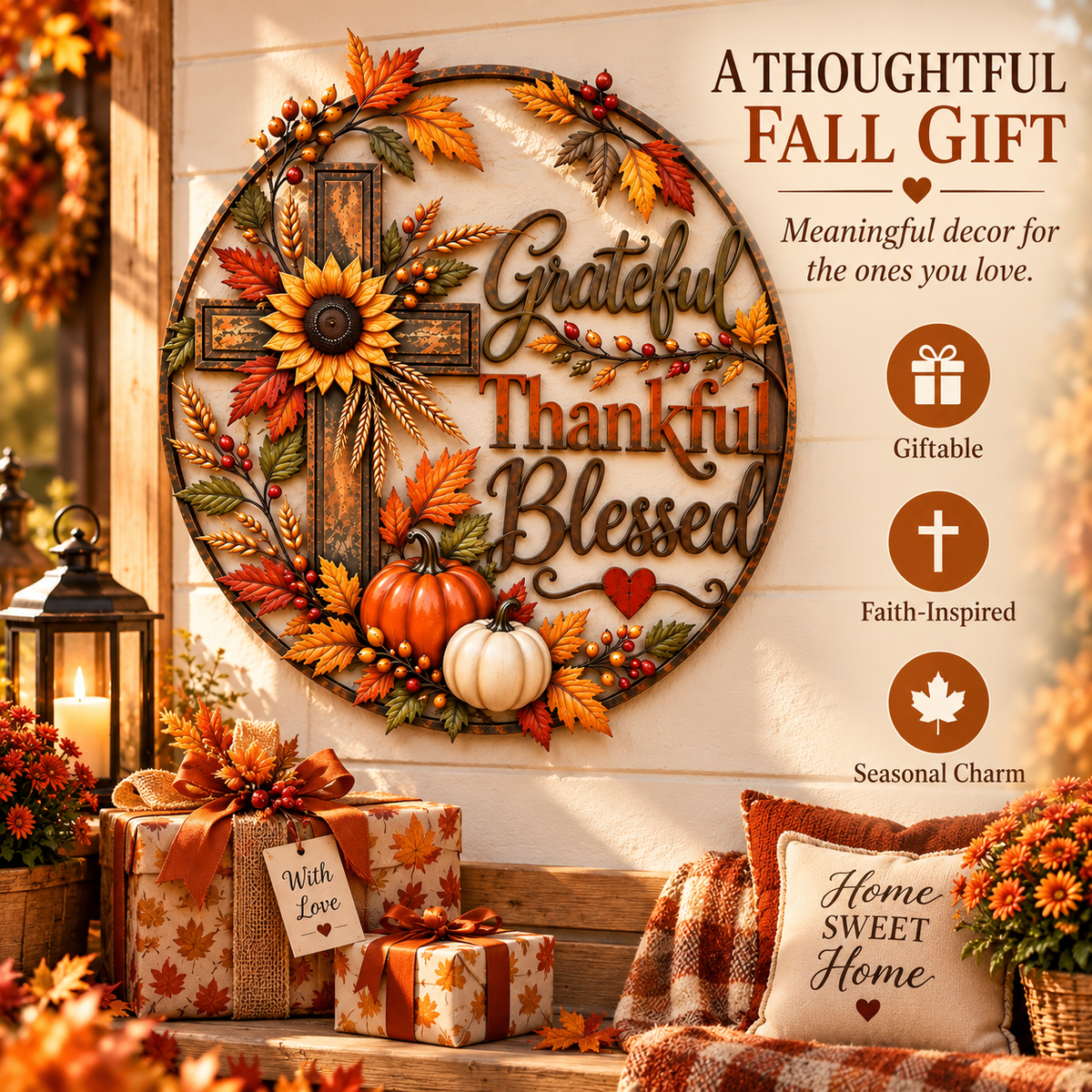 🍂🙏 Grateful, Thankful & Blessed™ | Rustic Fall Faith Wall Décor for Porch & Home ✝️🌻