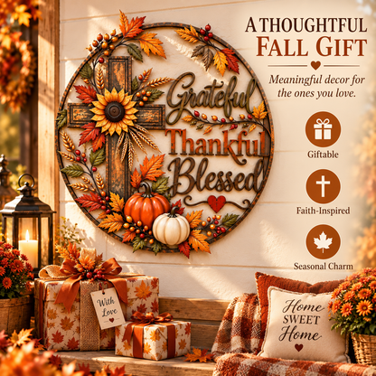 🍂🙏 Grateful, Thankful & Blessed™ | Rustic Fall Faith Wall Décor for Porch & Home ✝️🌻