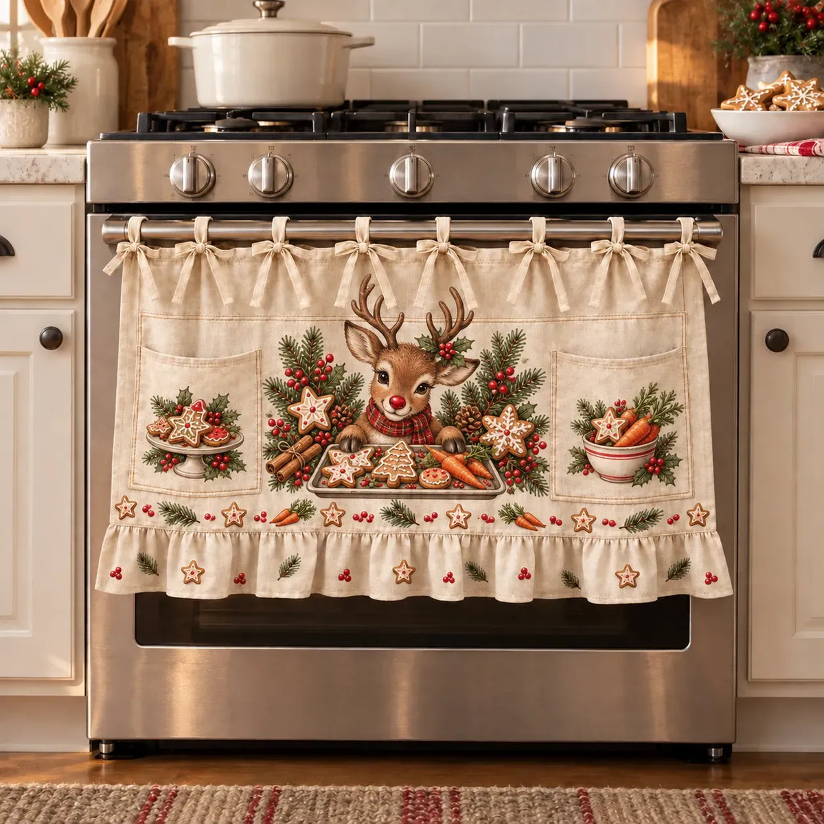 🎄 Christmas Kitchen Tie-On Skirt | Festive Holiday Designs with Pockets & Ruffled Trim ✨