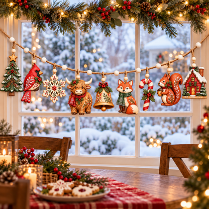 Enchanted Woodland Christmas Garland – Rustic Wooden Highland Cow & Forest Animal Hanging Decorations