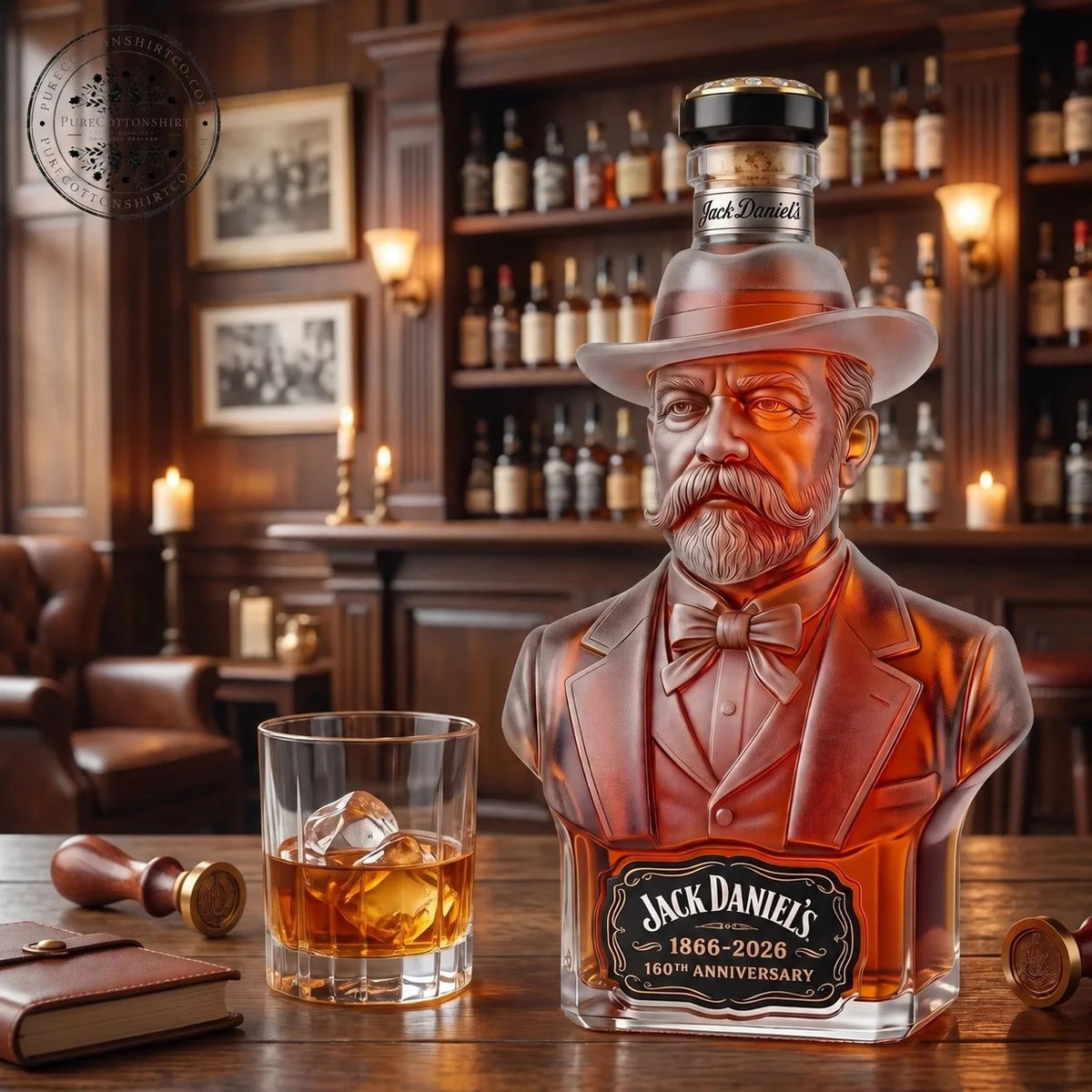 Bust glass decanter displayed in a classic whiskey bar