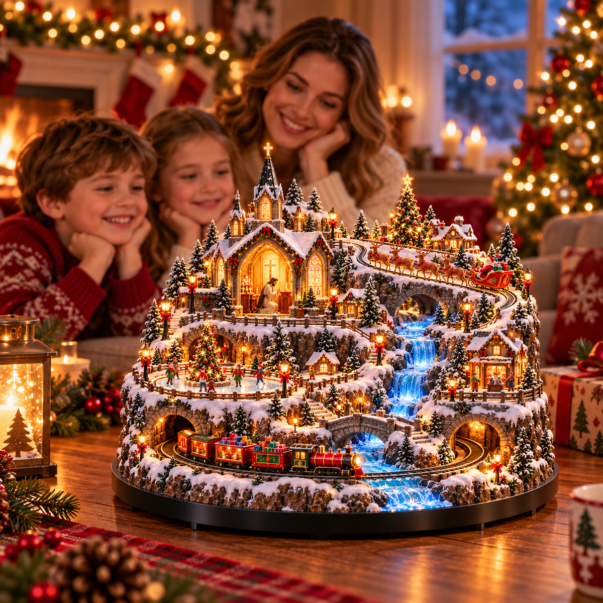 🦌🚂 Christmas in Motion | Lighted Village with Train, Sleigh & Waterfall