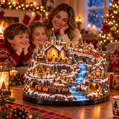 🦌🚂 Christmas in Motion | Lighted Village with Train, Sleigh & Waterfall