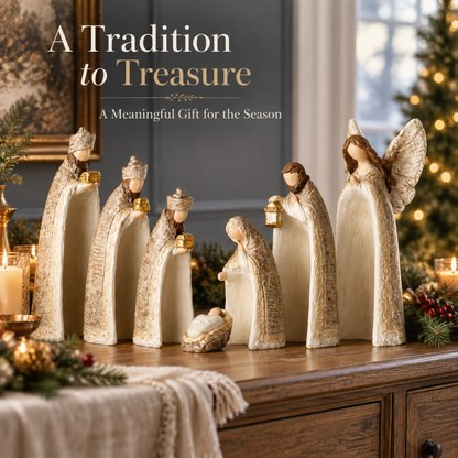 ✝️ Silent Night Nativity Figurine Set – 7-Piece Ivory & Gold Christmas Display