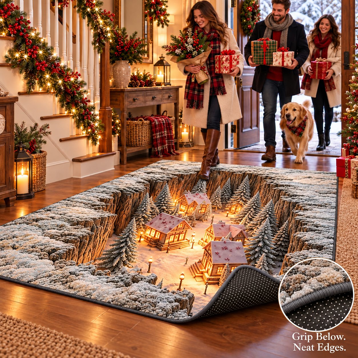 Christmas rug backing and edge details