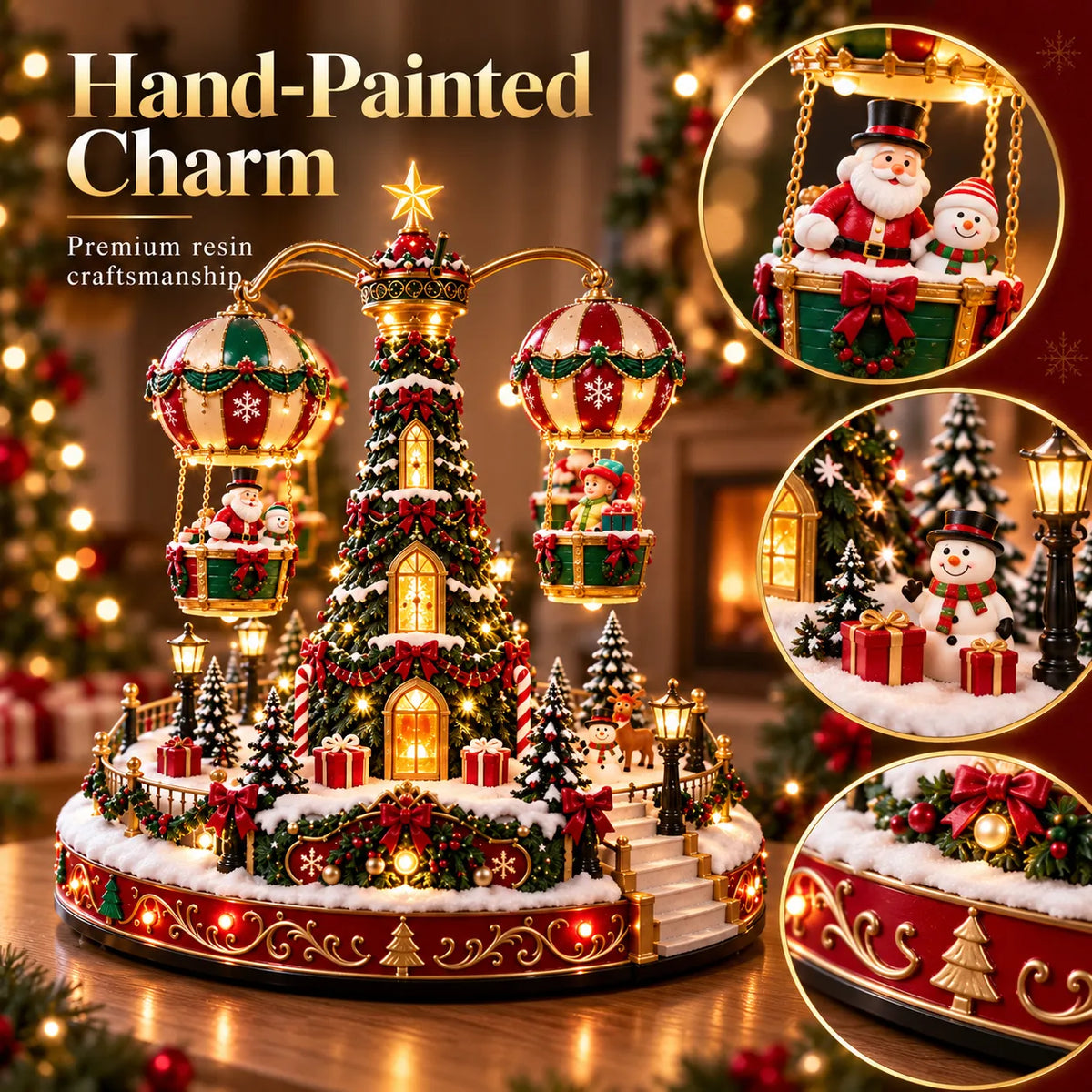 Magical Christmas Hot Air Balloon Musical Carousel™️ – Rotating Holiday Village Centerpiece with LED Lights & Flying Santa 🎄✨