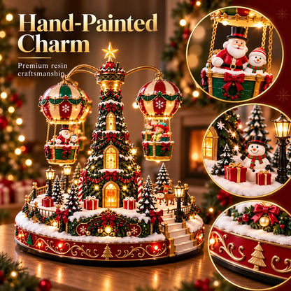 Magical Christmas Hot Air Balloon Musical Carousel™️ – Rotating Holiday Village Centerpiece with LED Lights & Flying Santa 🎄✨