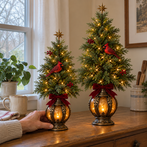 🎄🐦 Cardinal Glow Trees™ | Lighted Christmas Lantern Decor