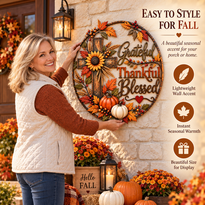 🍂🙏 Grateful, Thankful & Blessed™ | Rustic Fall Faith Wall Décor for Porch & Home ✝️🌻