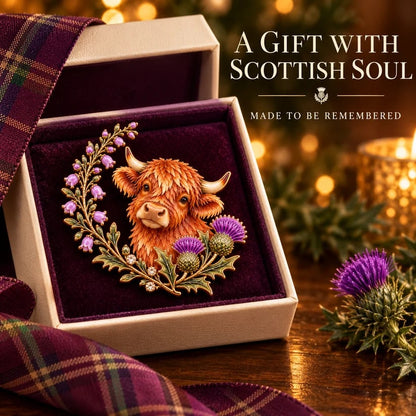 🏴🐮 Highland Heart™ | Scottish Cow, Thistle & Heather Heritage Brooch