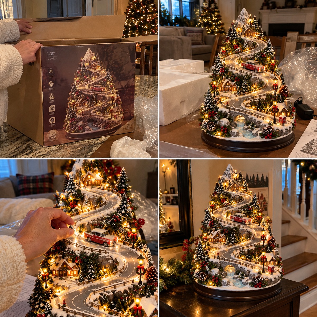 🚗🏔️ Mountain Christmas Village – Lighted Tree with Moving Vintage Car