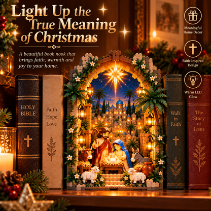 50% OFF | 📖✨ Lighted Bethlehem Nativity Book Nook – Christmas Building Block Display of Faith 🎄