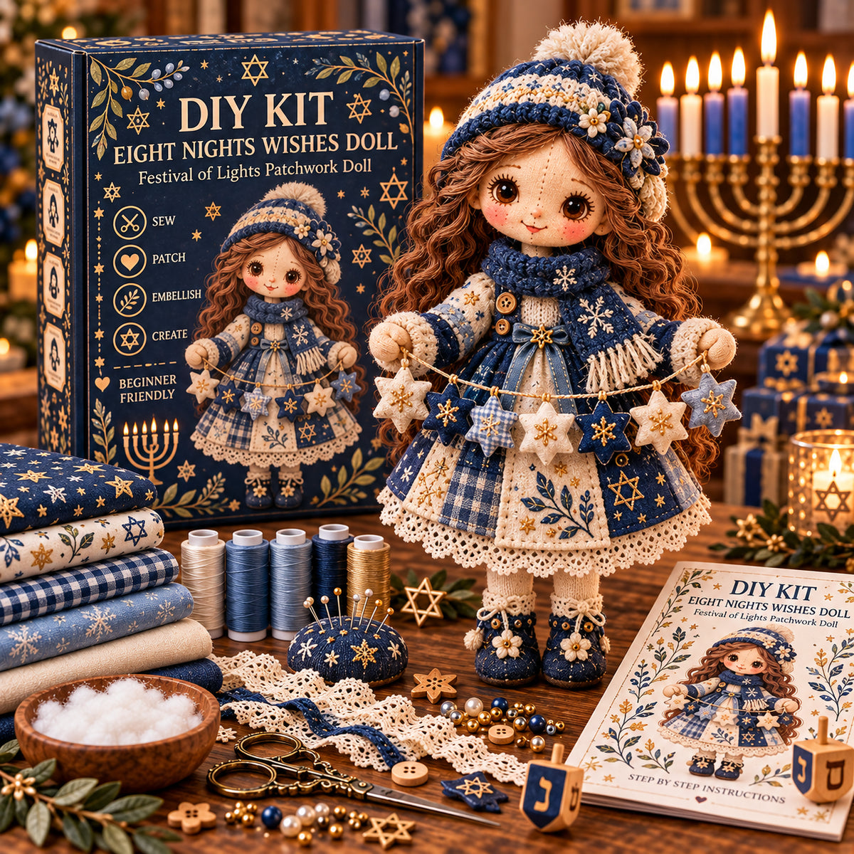 🕎🧵 Festival of Lights Friends™ | Hanukkah Patchwork Doll DIY Kit – 3 Designs