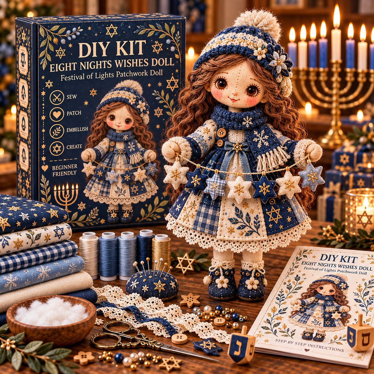 🕎🧵 Hanukkah DIY Patchwork Doll Kit – Handmade Festival of Lights Keepsake