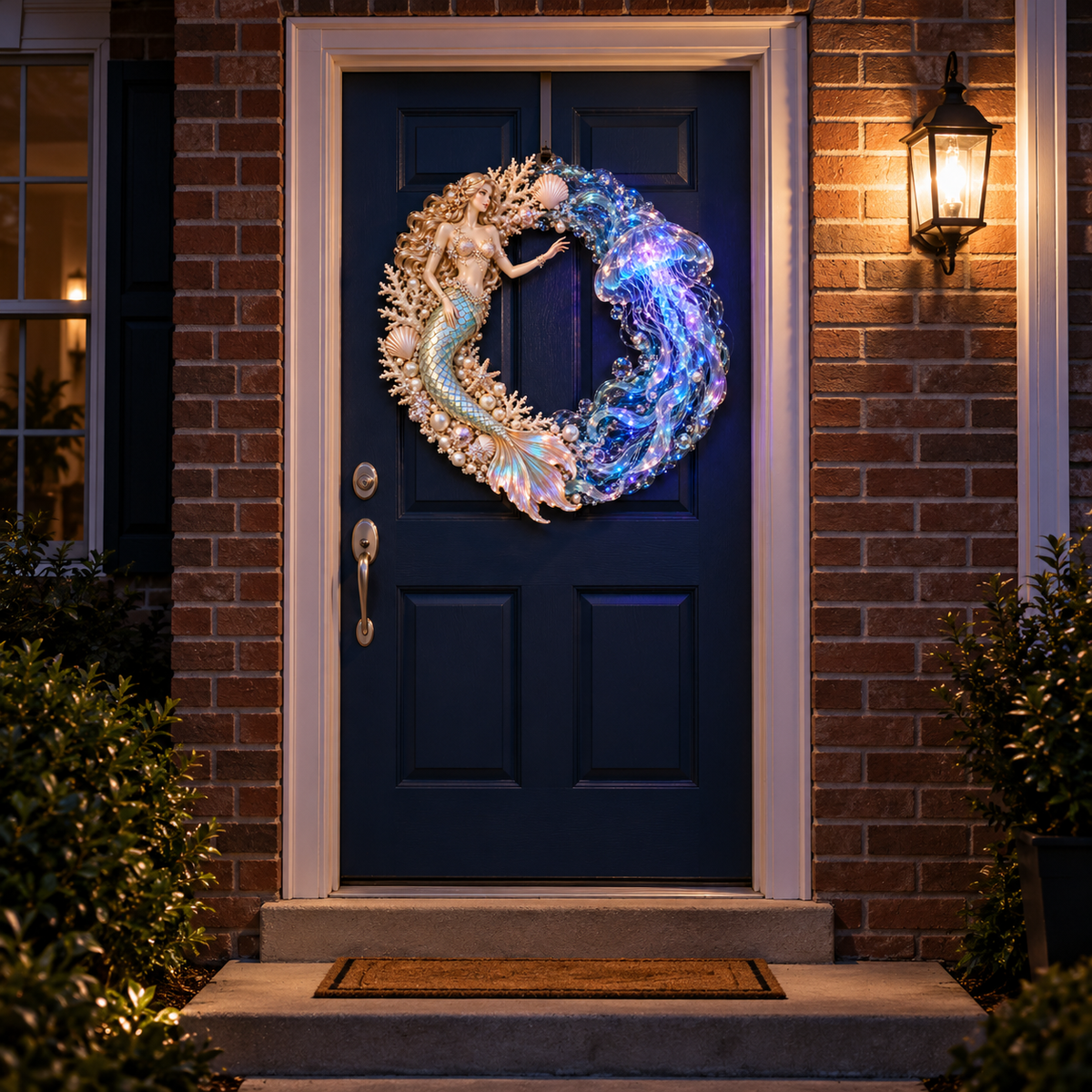 🌊🧜‍♀️ Mermaid & Jellyfish Glow Wreath – Lighted Coastal Decor