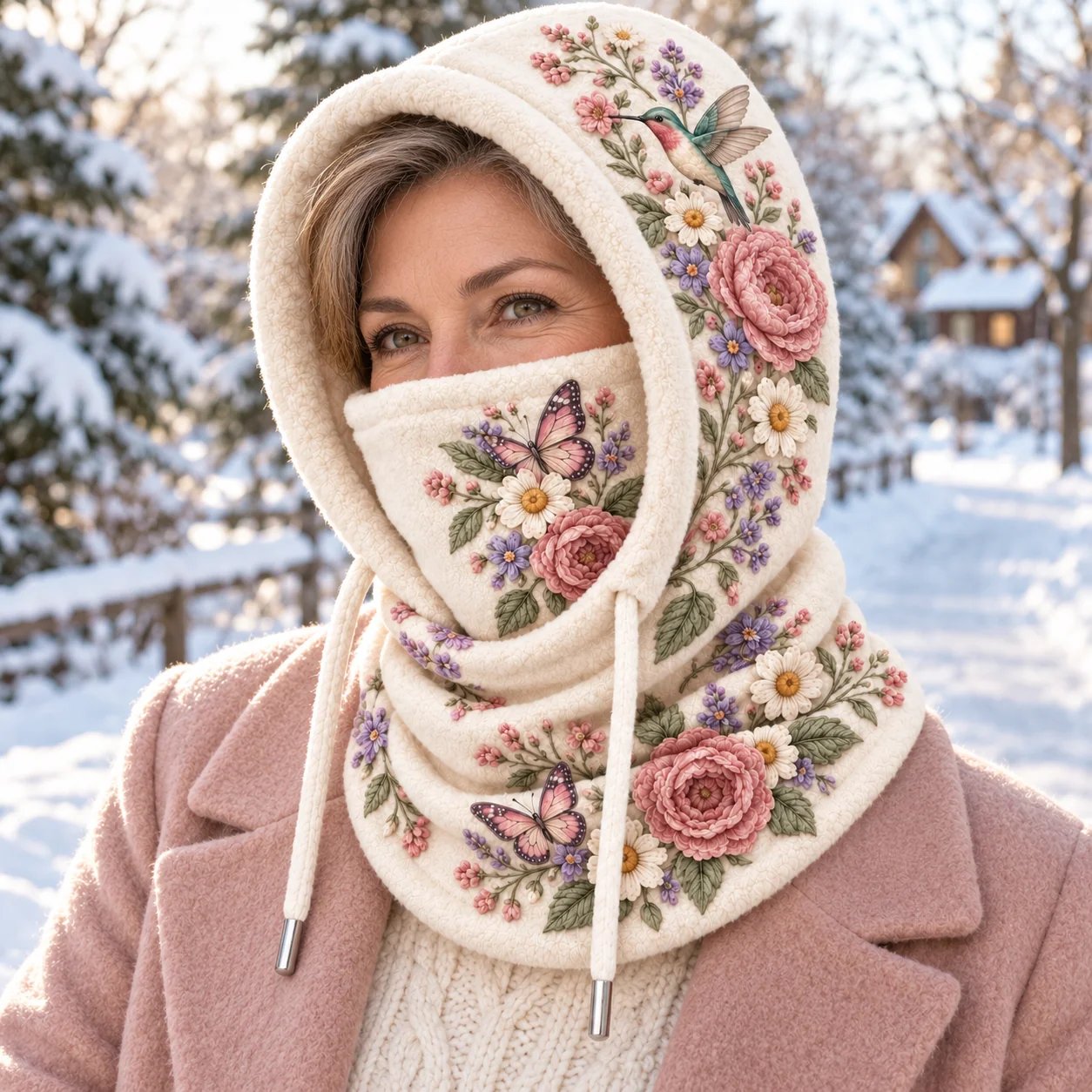 Woman wearing white floral Cozy Bloom winter hood