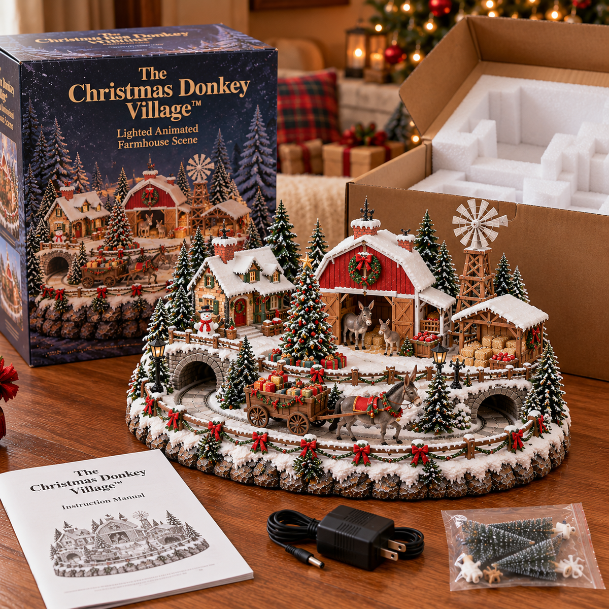 🫏🎄 Christmas Donkey Delivery Village™ – Lighted Holiday Farm Scene with Donkey & Christmas Gift Wagon