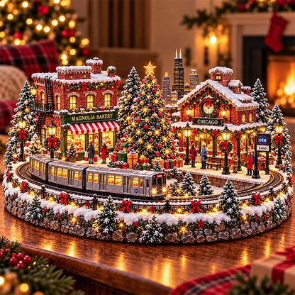 🚋🎄Christmas Railway Town  – Lighted San Francisco Cable Car & Chicago Train Holiday Scenes