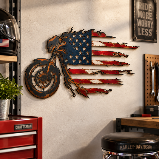 Patriotic Motorcycle American Flag Metal Wall Art