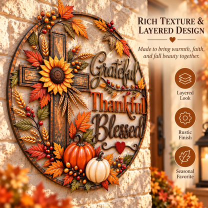 🍂🙏 Grateful, Thankful & Blessed™ | Rustic Fall Faith Wall Décor for Porch & Home ✝️🌻