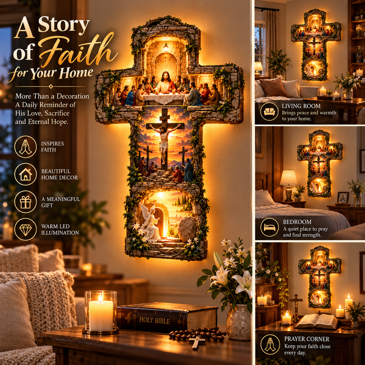 ✝️ He Is Risen – 3-Scene Jesus Resurrection LED Wall Cross Lamp
