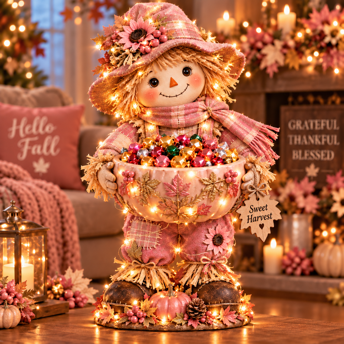 Blush Harvest lighted scarecrow candy bowl