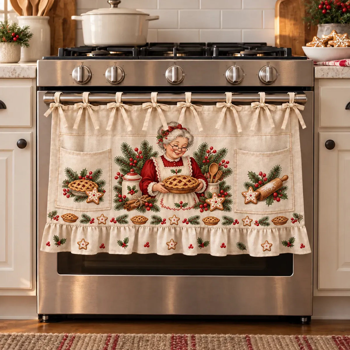 🎄 Christmas Kitchen Tie-On Skirt | Festive Holiday Designs with Pockets & Ruffled Trim ✨