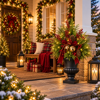 🎄🔔 Evergreen Bell Glow™ | 24" Pre-Lit Christmas Urn Filler with Berries & Pinecones