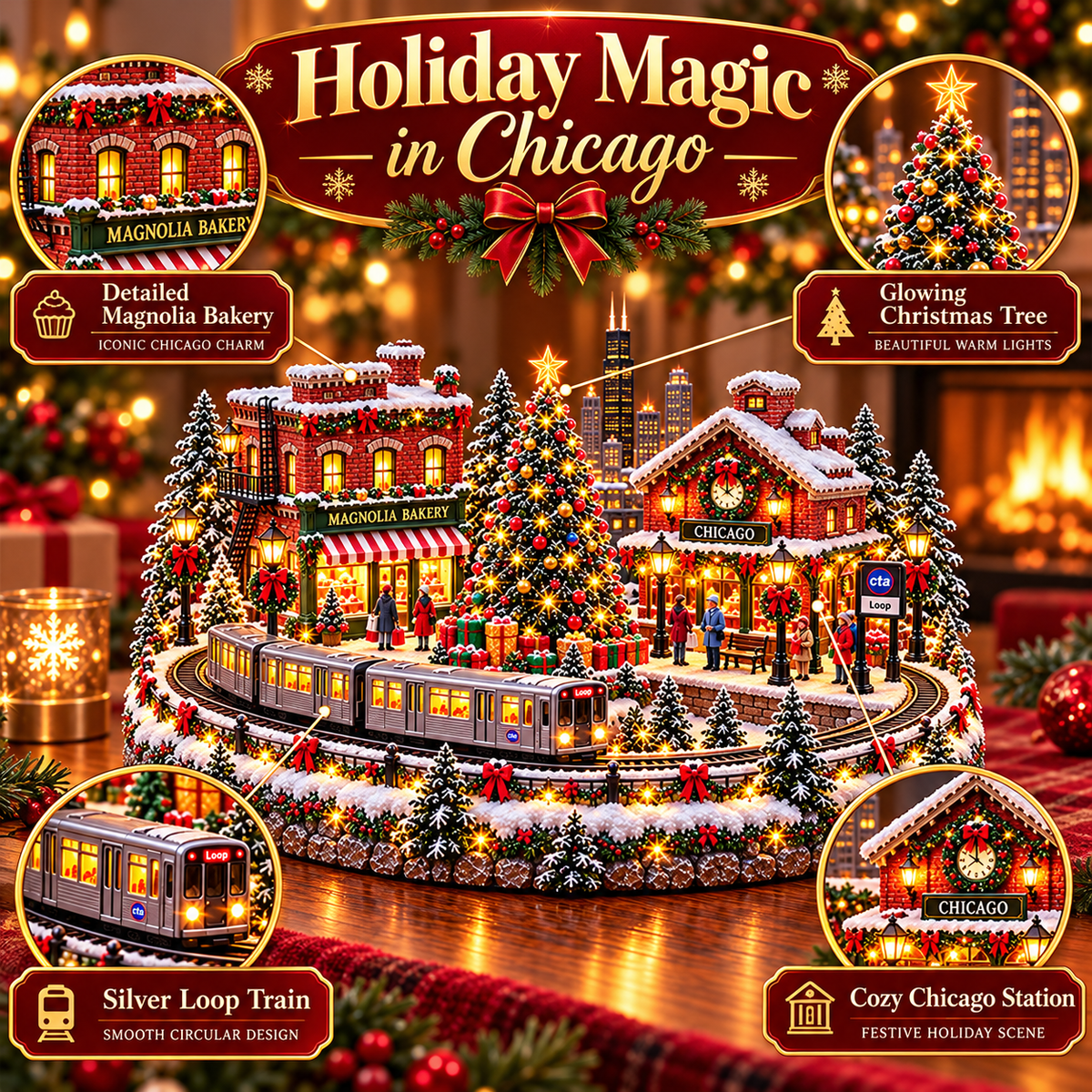 🚋🎄Christmas Railway Town  – Lighted San Francisco Cable Car & Chicago Train Holiday Scenes