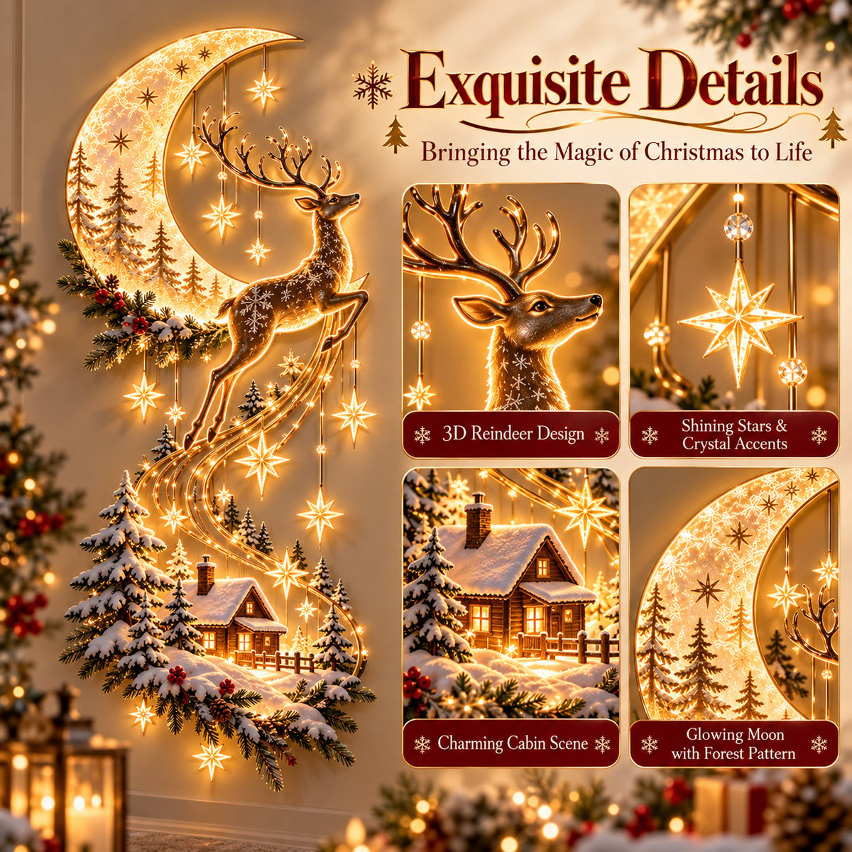 Detailed features of the Moonlit Reindeer Christmas wall decoration