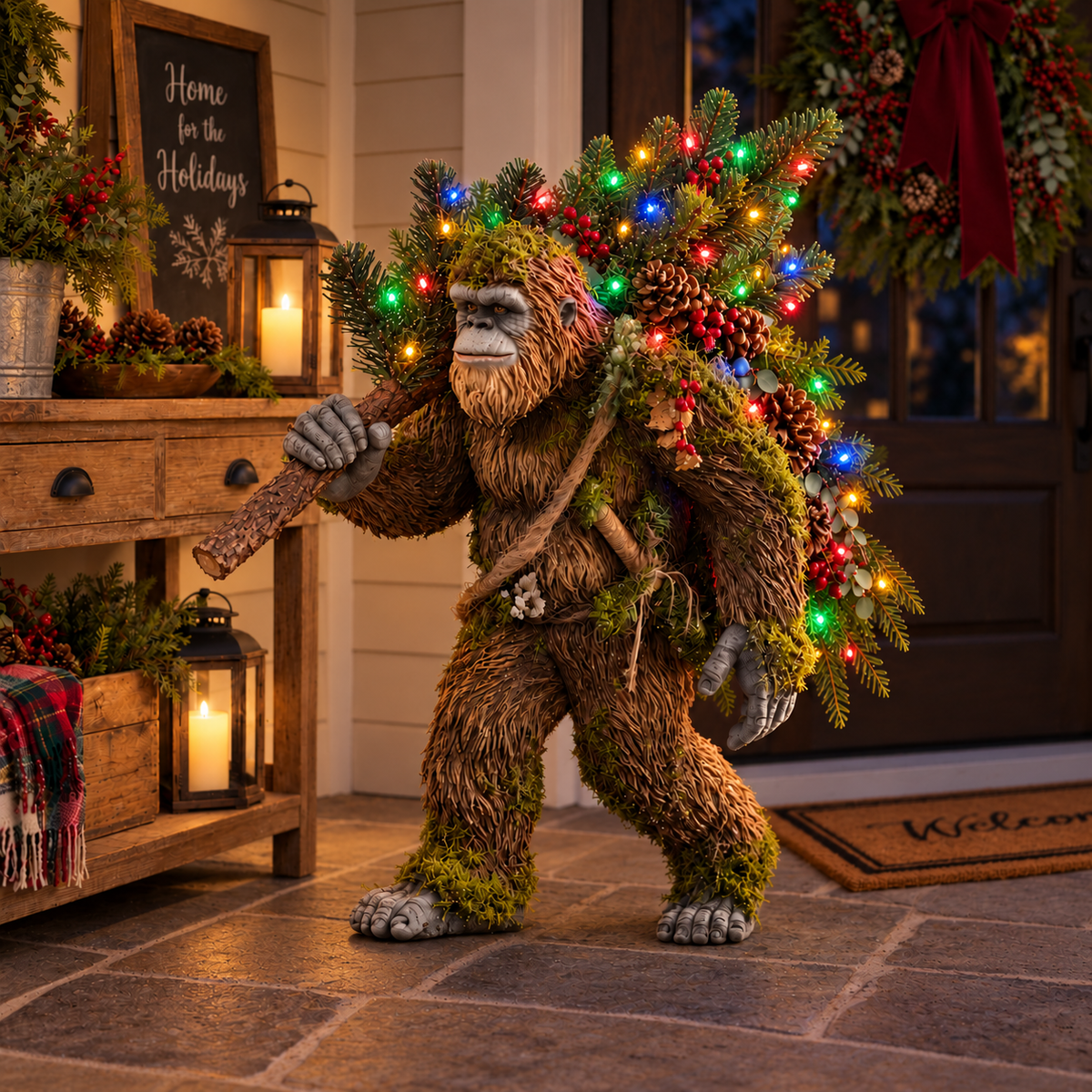🎄 👣 Woodland Bigfoot Christmas Decor – Carrying a Lighted Tree