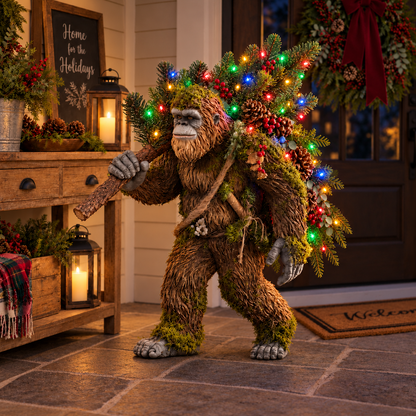 🎄 👣 Woodland Bigfoot Christmas Decor – Carrying a Lighted Tree