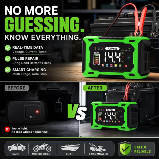 ⚡ 12V 6A Pulse Repair Battery Charger – Pulse Repair Technology, Auto Maintain & Desulfation