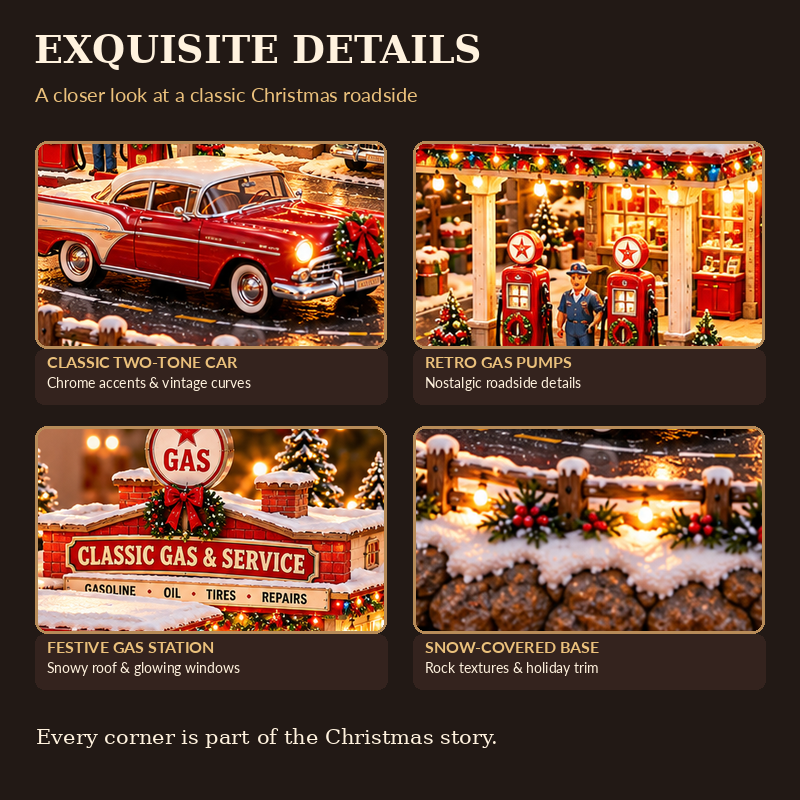 🚗🎄⛽ Christmas at the Gas Station– Lighted Vintage American Gas Station with Classic Cars