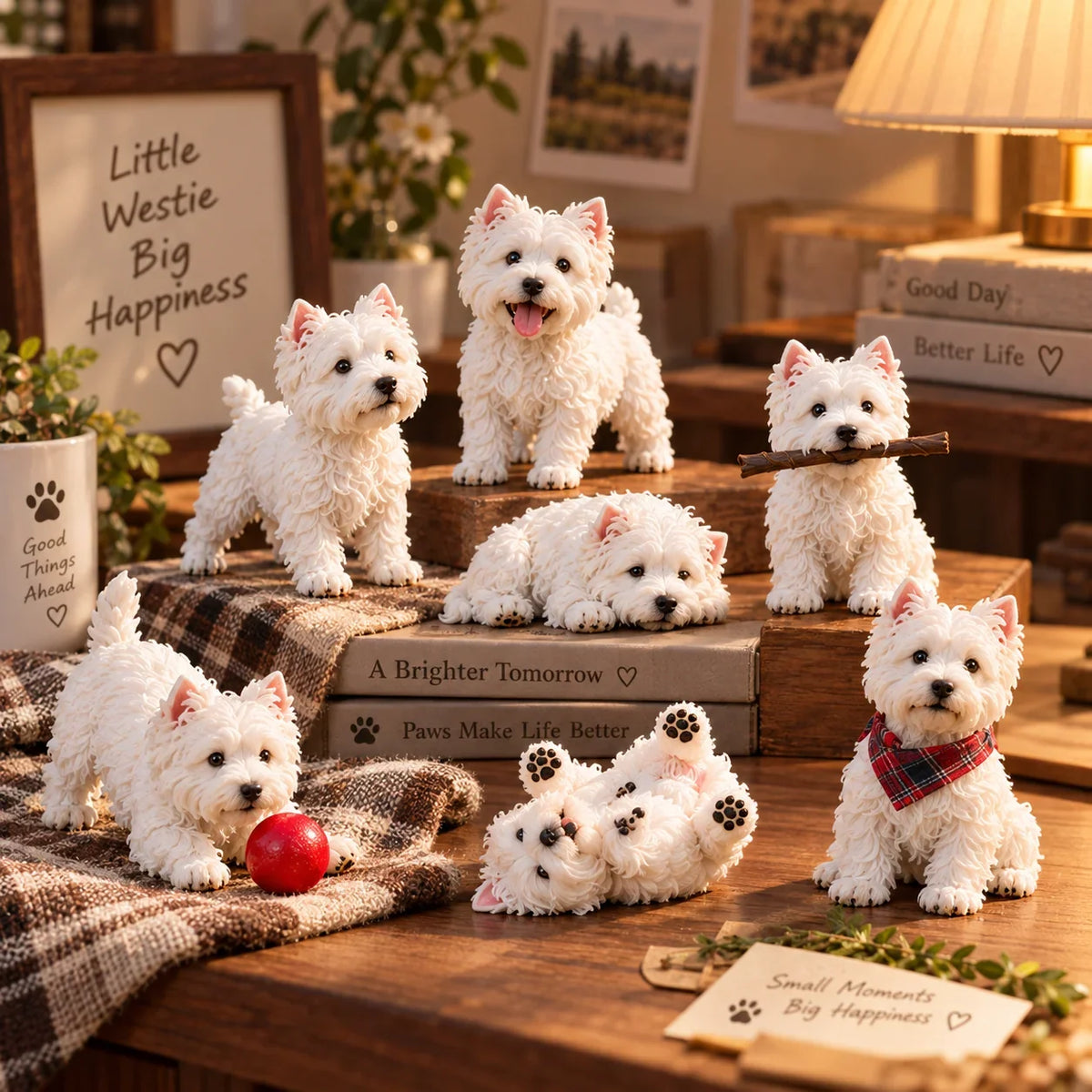Little Westie figurines displayed in a cozy home