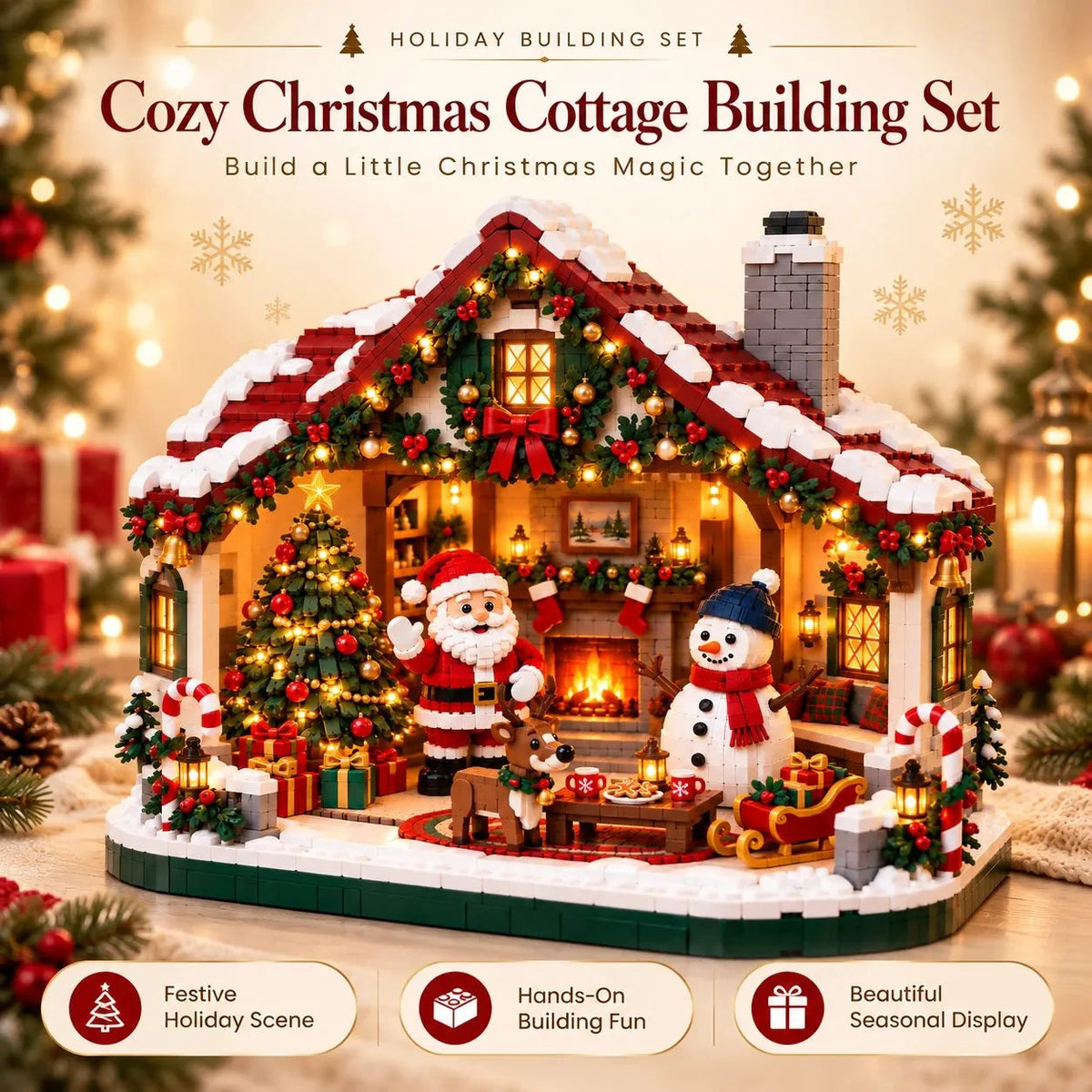 Completed Cozy Christmas Cottage Building Set with Santa, snowman and reindeer