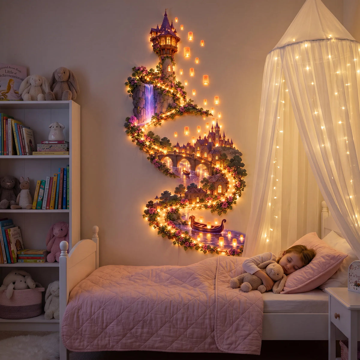 🏰✨ Enchanted Fairytale Castle™ – Magical Glowing Waterfall Wall Light with Floating Lanterns | Dreamy Bedroom Decor 🌙