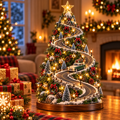 🚗🏔️ Mountain Christmas Village – Lighted Tree with Moving Vintage Car