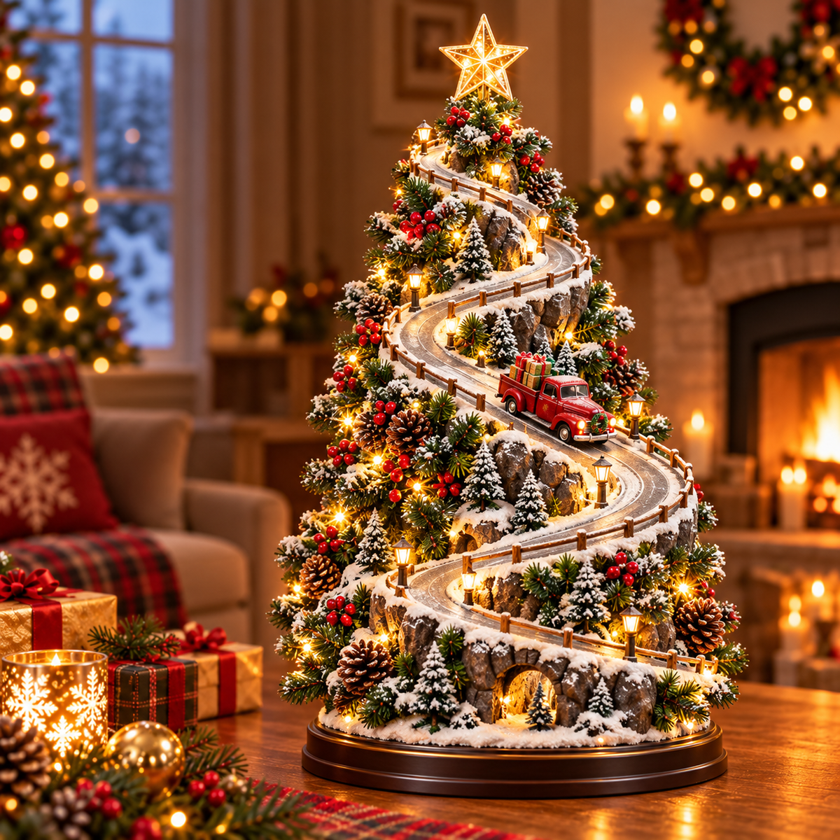 🚗🏔️ Mountain Christmas Village – Lighted Tree with Moving Vintage Car